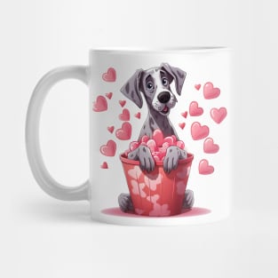 Cartoon Great Dane Dog in Hearts Basket Mug